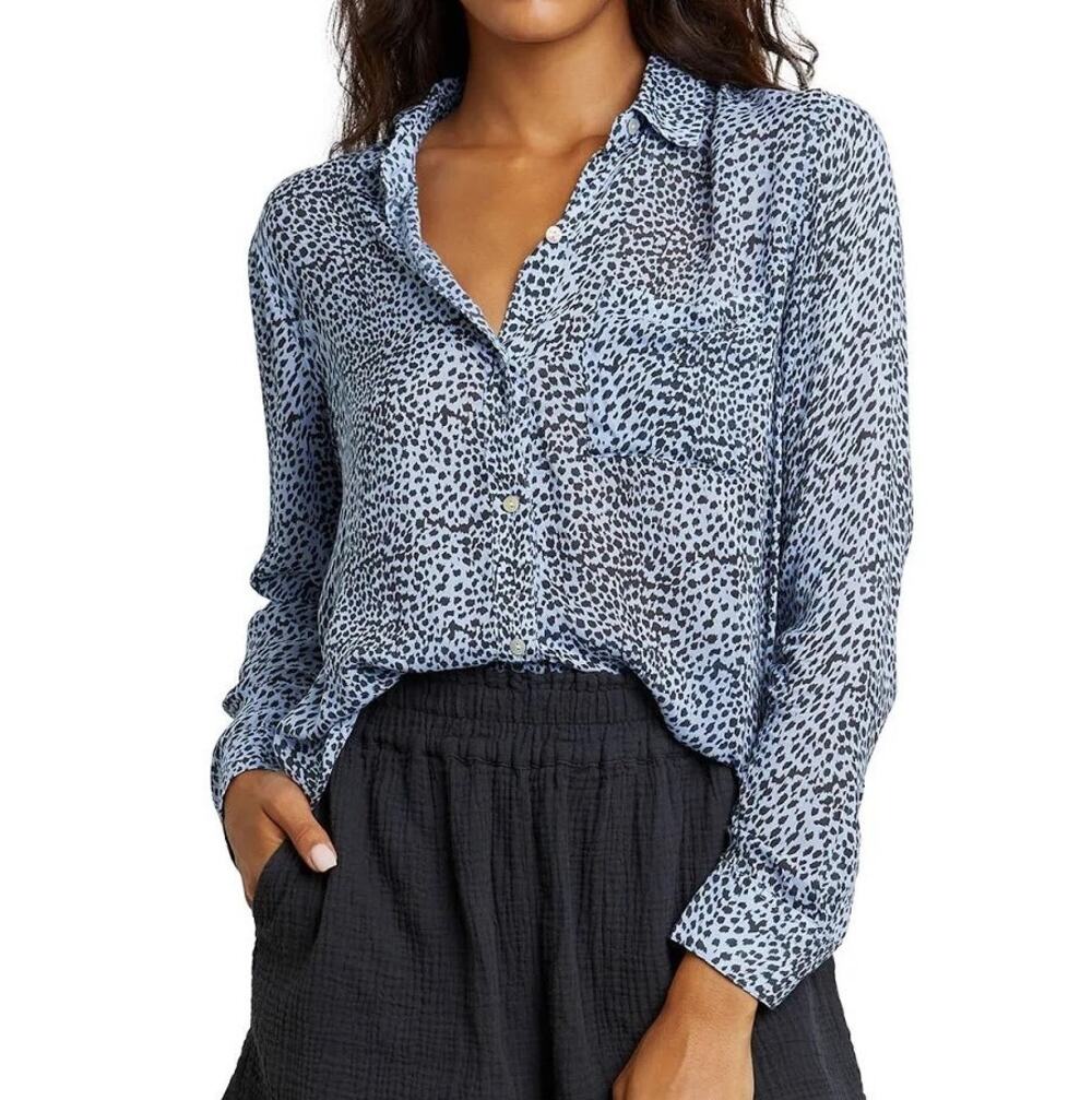 Rails Long Sleeve Semi-Shear Anna Blue Lynx Button Up Blouse Lightweight